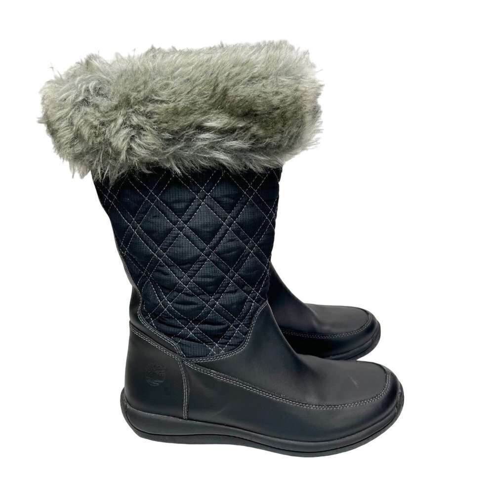 Timberland Black Mid-calf Winter Leather faux fur quilted Boots Size 5.5 flat